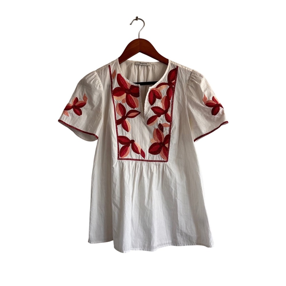 Madewell White Cotton Dobby Embroidered Floral Split Neck Blouse Top Red Pink